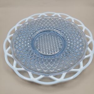 Vintage Imperial Glass Katy Blue Laced Edge 12.5" Platter, Blue Opalescent Lace